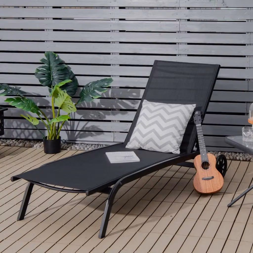 Chaise longue da esterno reclinabile in acciaio nero con poggiatesta regolabile e ruote per giardino e terrazza – 2