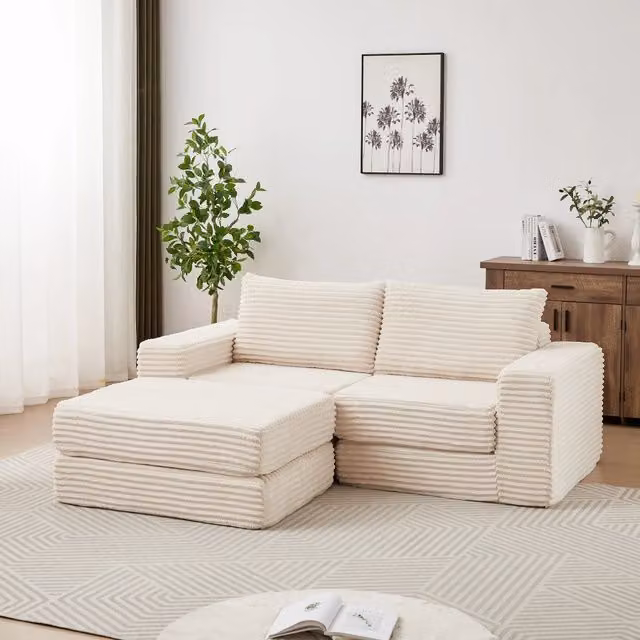 Divano letto modulare con pouf removibile e braccioli quadrati configurazione flessibile in velluto a coste beige