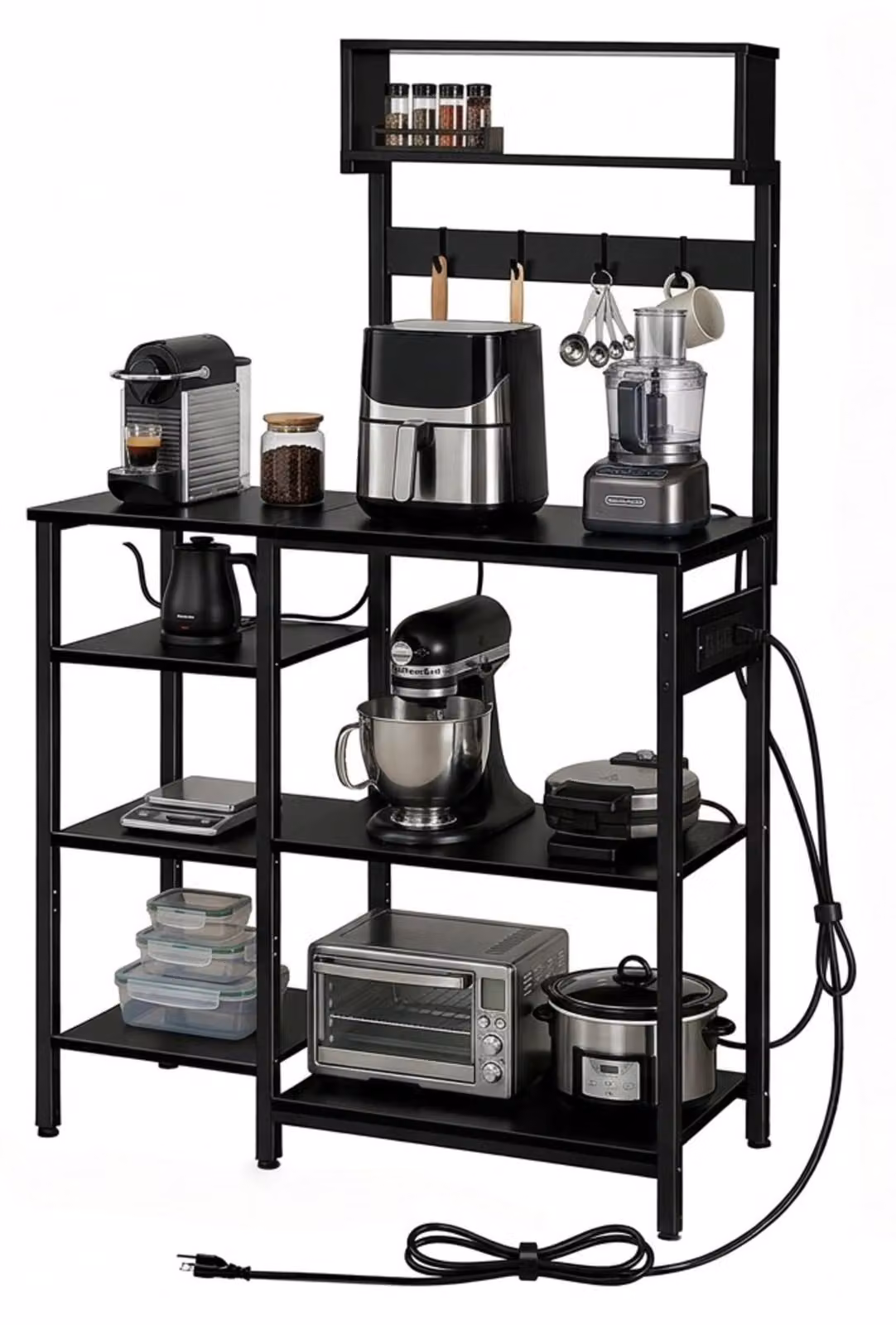 Ripiano portaoggetti da cucina con prese di corrente e porte USB, 151x82x40 cm, nero