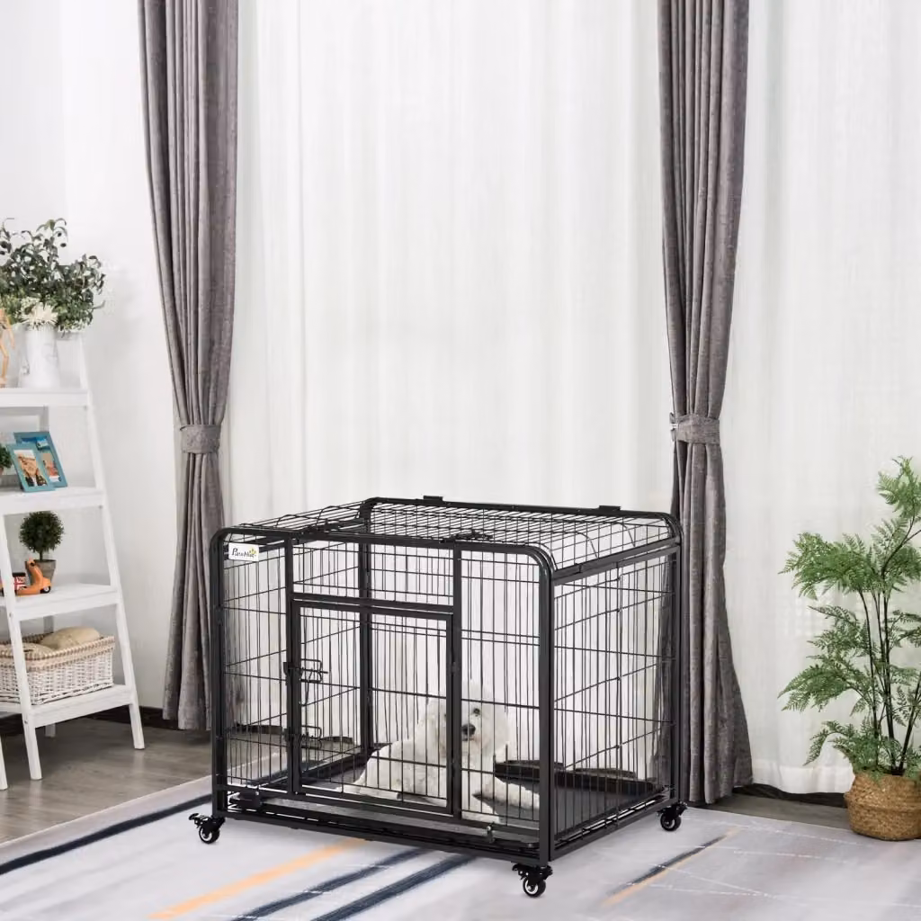 Box Kennel per Cani Pieghevole Giordanoshop con Doppia Porta, 4 Ruote con Blocco e Fondo Rimovibile, Grigio e Nero, L: 76.5 cm, P: 58 cm, H: 58 cm – 2