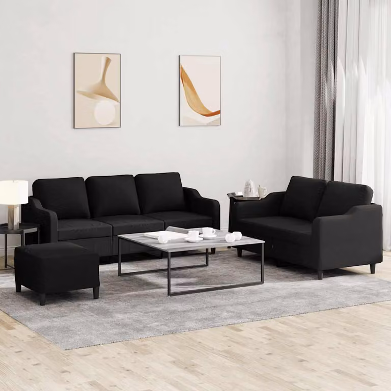 Set di divani vidaXL composto da un divano a 3 posti, un divano a 2 posti e un pouf, in tessuto nero con cuscini, design moderno per soggiorno