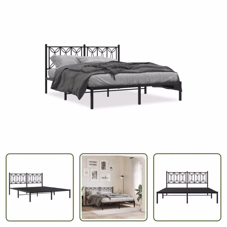 The Living Store Struttura letto con testiera in metallo nero 150x200 cm