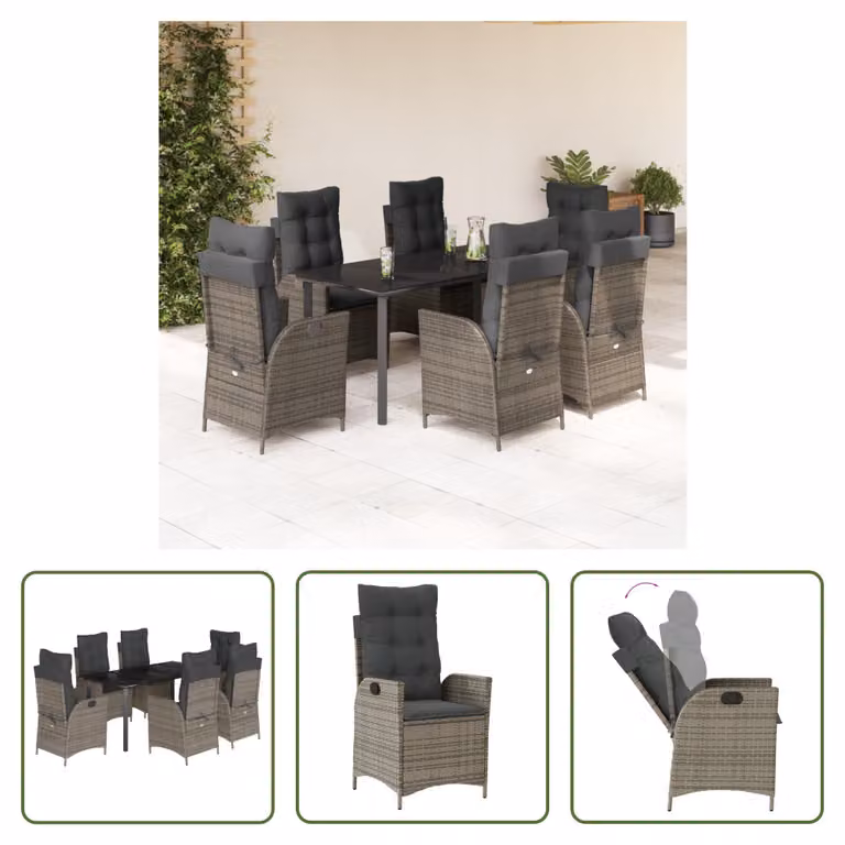 The Living Store Set da pranzo da giardino 7 pezzi con cuscini in poly rattan grigio