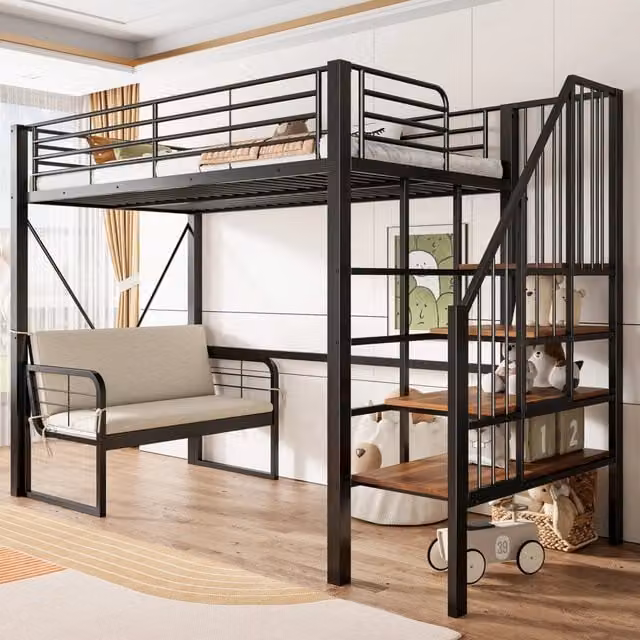 Letto a castello 90x200 cm con struttura in metallo, divano imbottito removibile e scala contenitore