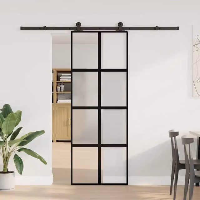 Porta Scorrevole Moderna vidaXL in Alluminio e Vetro Temperato Trasparente con Colore Nero L: 76 cm, H: 205 cm