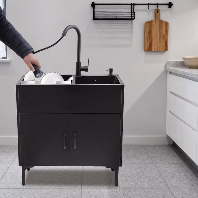 Mobiletti per lavello - Lavello 75 x 41 cm - Doppia vasca - Acciaio inossidabile - Con miscelatore estraibile - Autoportante - Nero