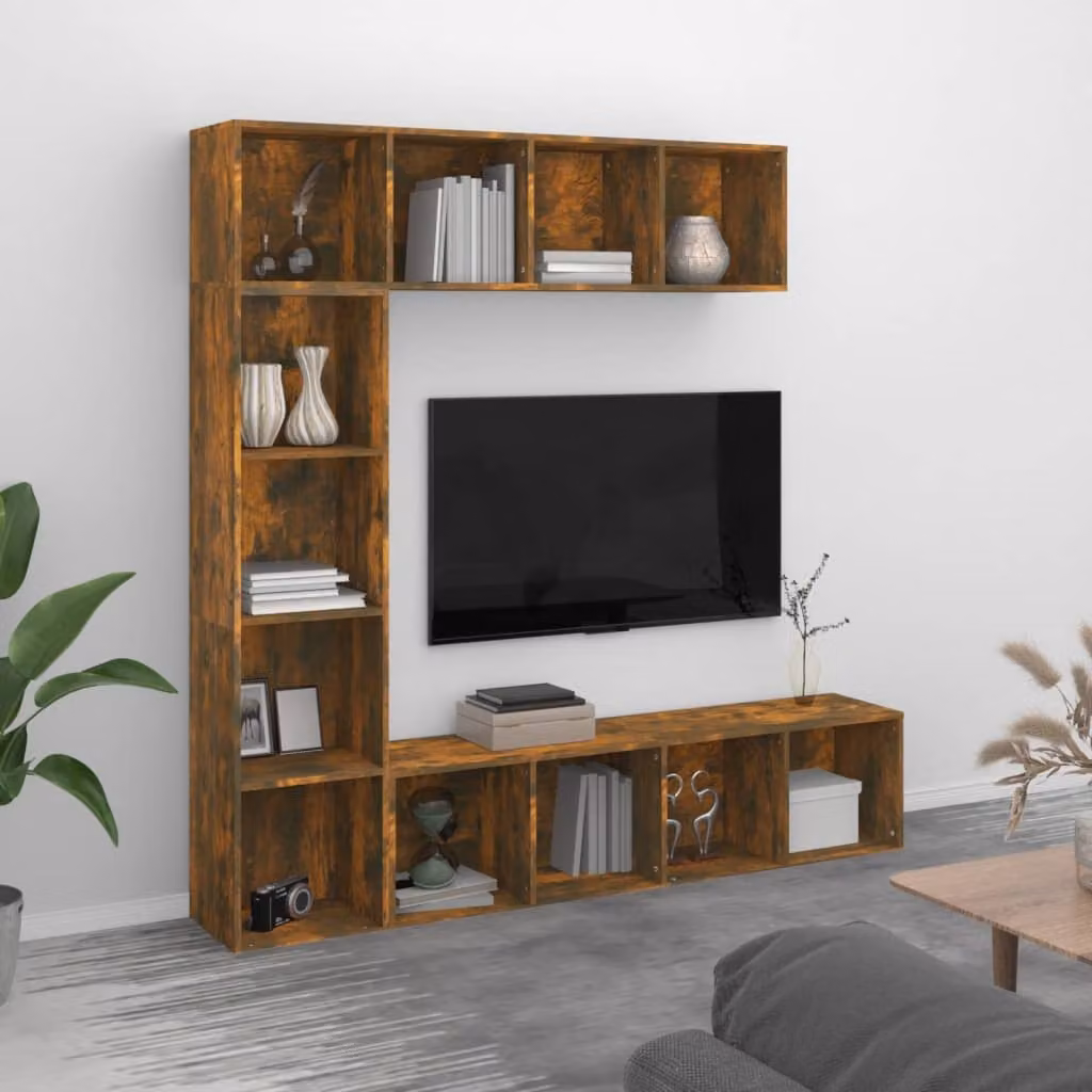 Set di mobili componibili vidaXL per libreria e porta TV composto da 3 pezzi in colore rovere fumo, L 180 cm x P 30 cm x H 180 cm