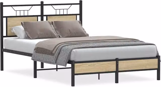 Letto matrimoniale moderno in legno e metallo color rovere con struttura in MDF, L/P/H: 120 x 200 x 91,5 cm – 1