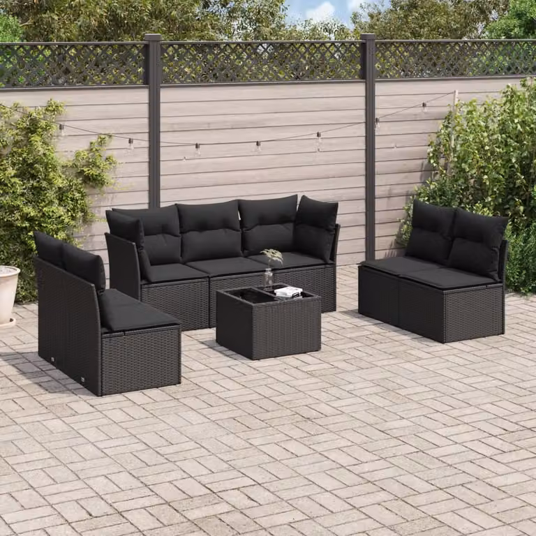 vidaXL Set Divani da Giardino a L con Cuscini 8 pz Nero in Polyrattan e Tavolino con Piano in Vetro