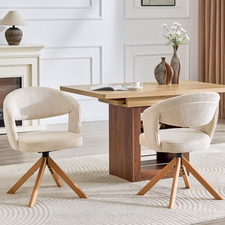 Set da 2 sedie girevoli retrò per sala da pranzo in velluto a coste a righe bianco crema con gambe in legno massello, girevoli a 360 gradi con schienale, altezza 81,5 cm