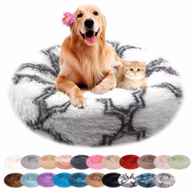 Cuccia per cani, forma rotonda, in peluche, lavabile, grigia e bianca, diametro 50 cm
