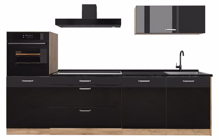 Cucina componibile Vicco R-Line Nero lucido/Rovere dorato 280 cm piano di lavoro Antracite, Model 66489