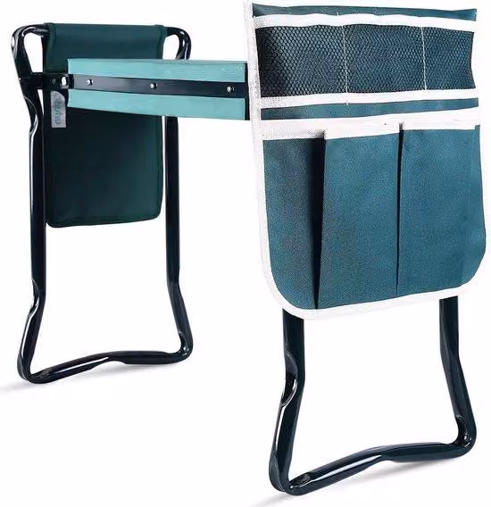 Uniqoos® Panca pieghevole 2-in-1 per il giardino – panca e cuscino per le ginocchia in EVA, 2 tasche per attrezzi, struttura in acciaio resistente fino a 150 kg, dimensioni 60x50x27 cm, colore verde