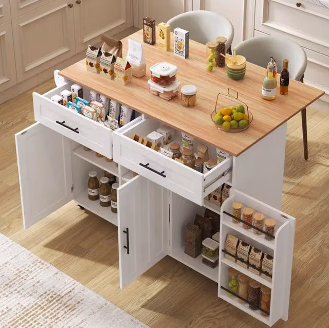 Carrello da cucina con piano ribaltabile 129x71x91;5 cm bianco in MDF