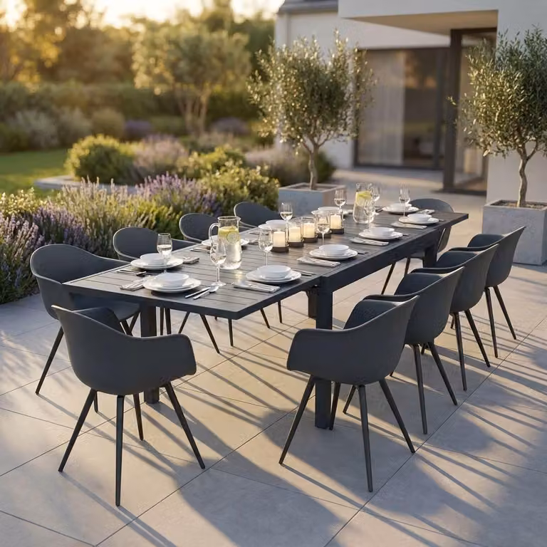 Milani Home - Set tavolo in alluminio cm 135/270 x 90 x 75 h con 10 poltrone da giardino per esterno colore antracite - Antracite