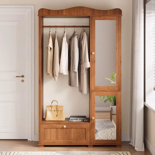 Armadio con specchio e appendiabiti aperto, 2 ante e vani portaoggetti, per camera da letto, noce, 115.5 × 38.5 × 194.5 cm