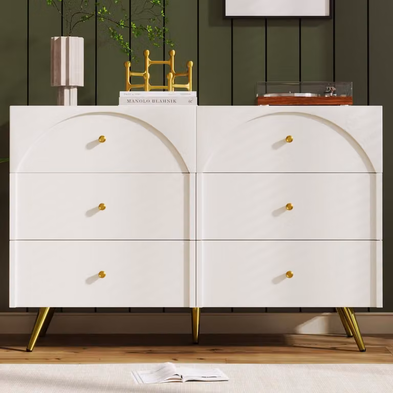 Mobile contenitore con 6 cassetti, colore bianco, dimensioni 120x40x85 cm. Frontali sagomati. Gambe regolabili