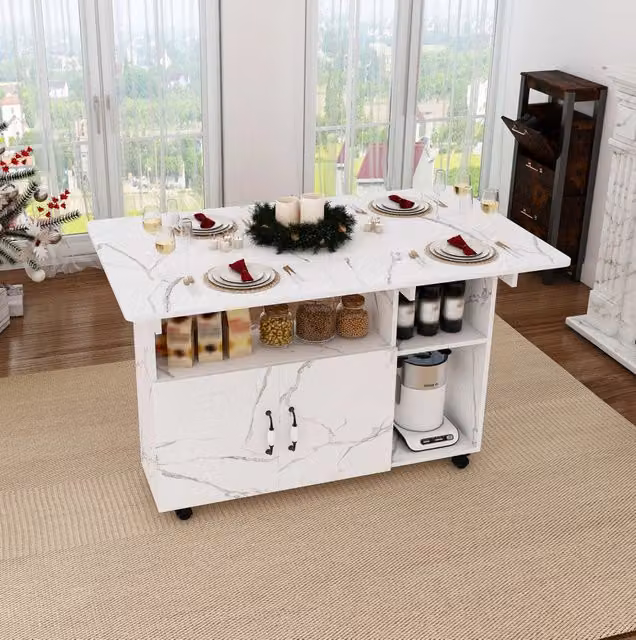Tavolo pieghevole mobile 3 in 1 con ruote e ripiani, bianco