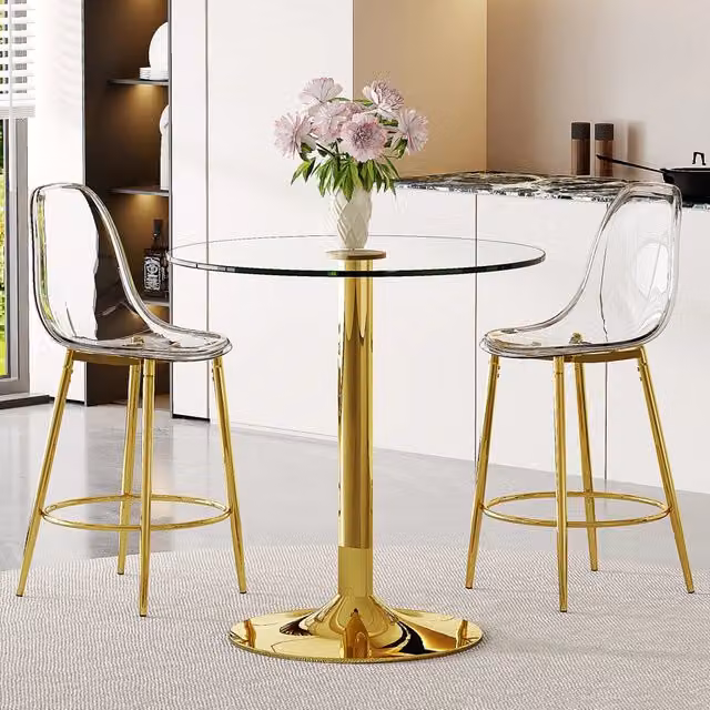 Set Bar Flessibile: Tavolo in Vetro 89 cm + 2 Sgabelli Trasparenti, Struttura Metallica Oro con Poggiapiedi, Ideale per Cucine Aperte Europee