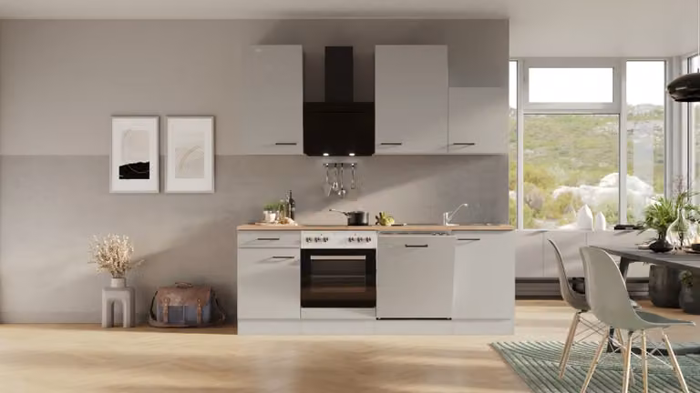 Mobile cucina con elettrodomestici Flex Well Lund 220 cm colore frontale grigio chiaro lucido colore mobile grigio fumo opaco