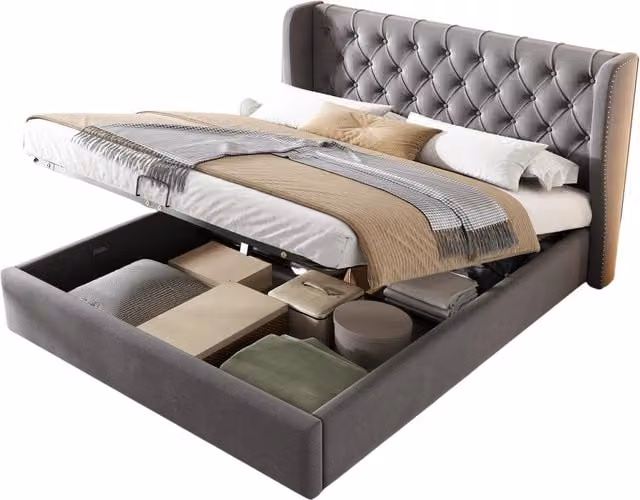 Letto Matrimoniale Contenitore con Vano Idraulico in Velluto Grigio, L/P: 140 x 200 cm