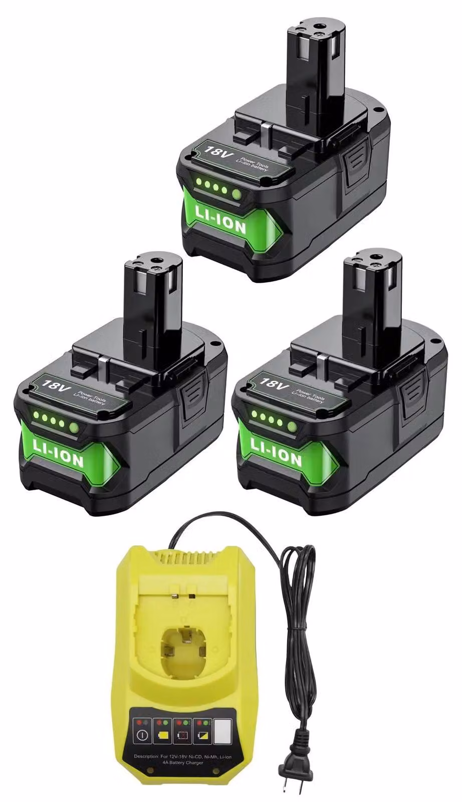 Batteria ricaricabile, capacità 9500 mAh, tecnologia agli ioni di litio, compatibile con Ryobi, 3 pezzi, 1 caricabatterie