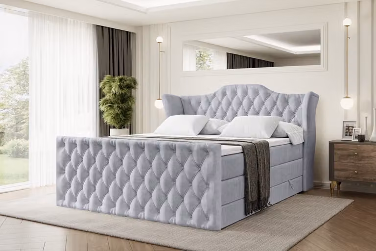 Letto boxspring ALTDECOR con pediera, 2 materassi e topper - 140x200 cm - VILA-Z KING - Velluto grigio chiaro - Letto imbottito con materassi H3 e H4, contenitore e rete a doghe, letto con spazio contenitivo