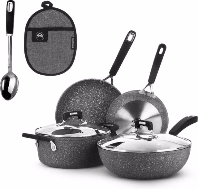 Set di pentole e padelle Kasanova New Petra Dark da 8 pezzi con rivestimento antiaderente, nero e grigio