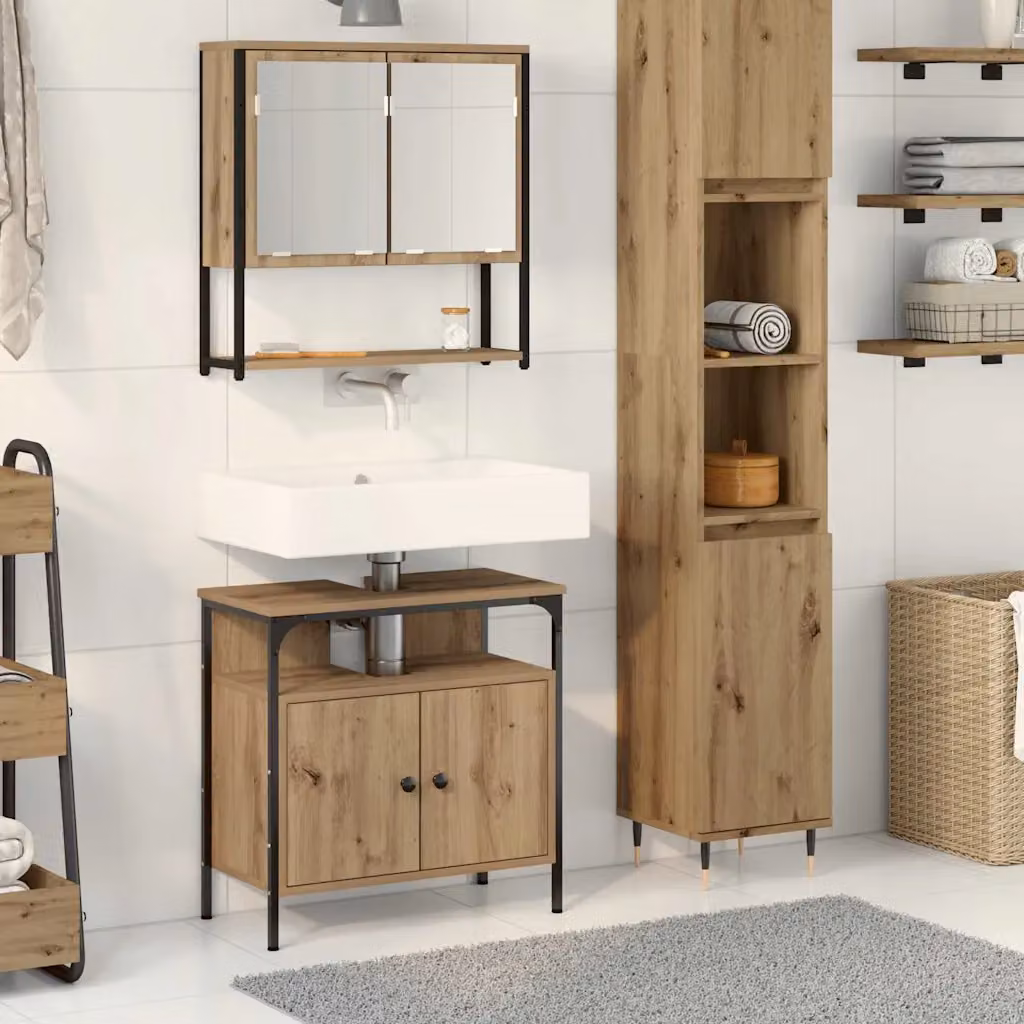 vidaXL Set di mobili per il bagno moderno composto da mobile lavabo e pensile con specchio, Marrone e Nero