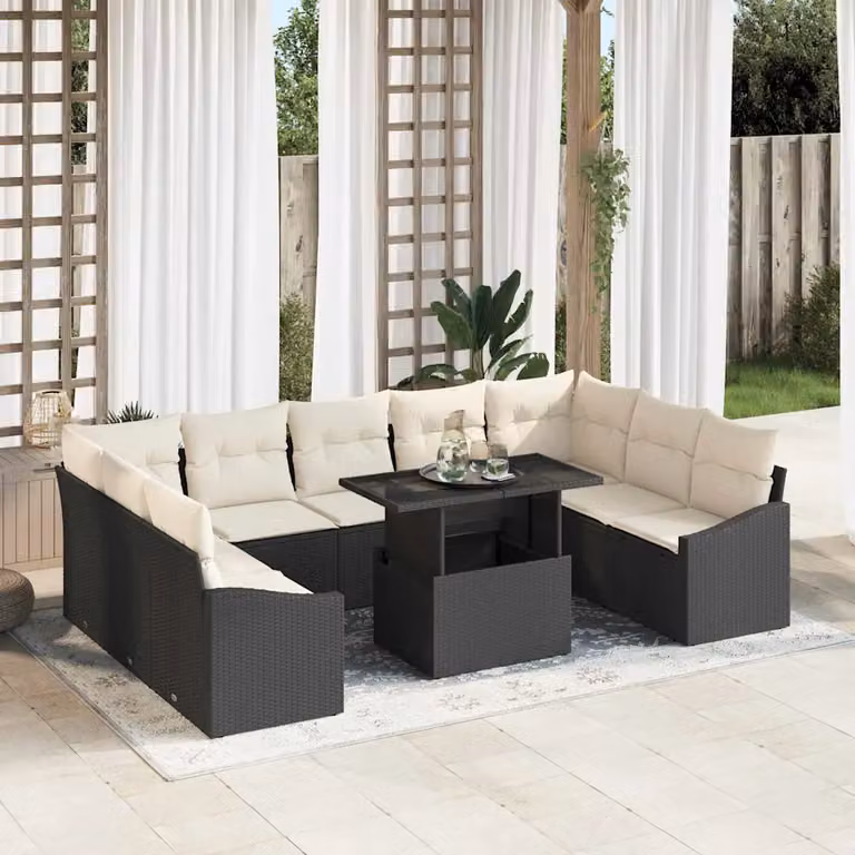 vidaXL Set Divano da Giardino a L con Tavolino e Ottoman, 10 Pezzi, Nero e Beige
