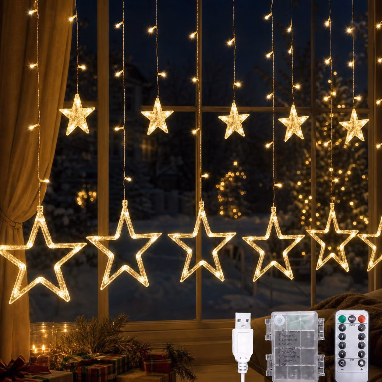 Tenda luminosa a forma di stelle, dimensioni 2,5 x 1 metro, 138 LED, luce bianco caldo, timer, 8 modalità