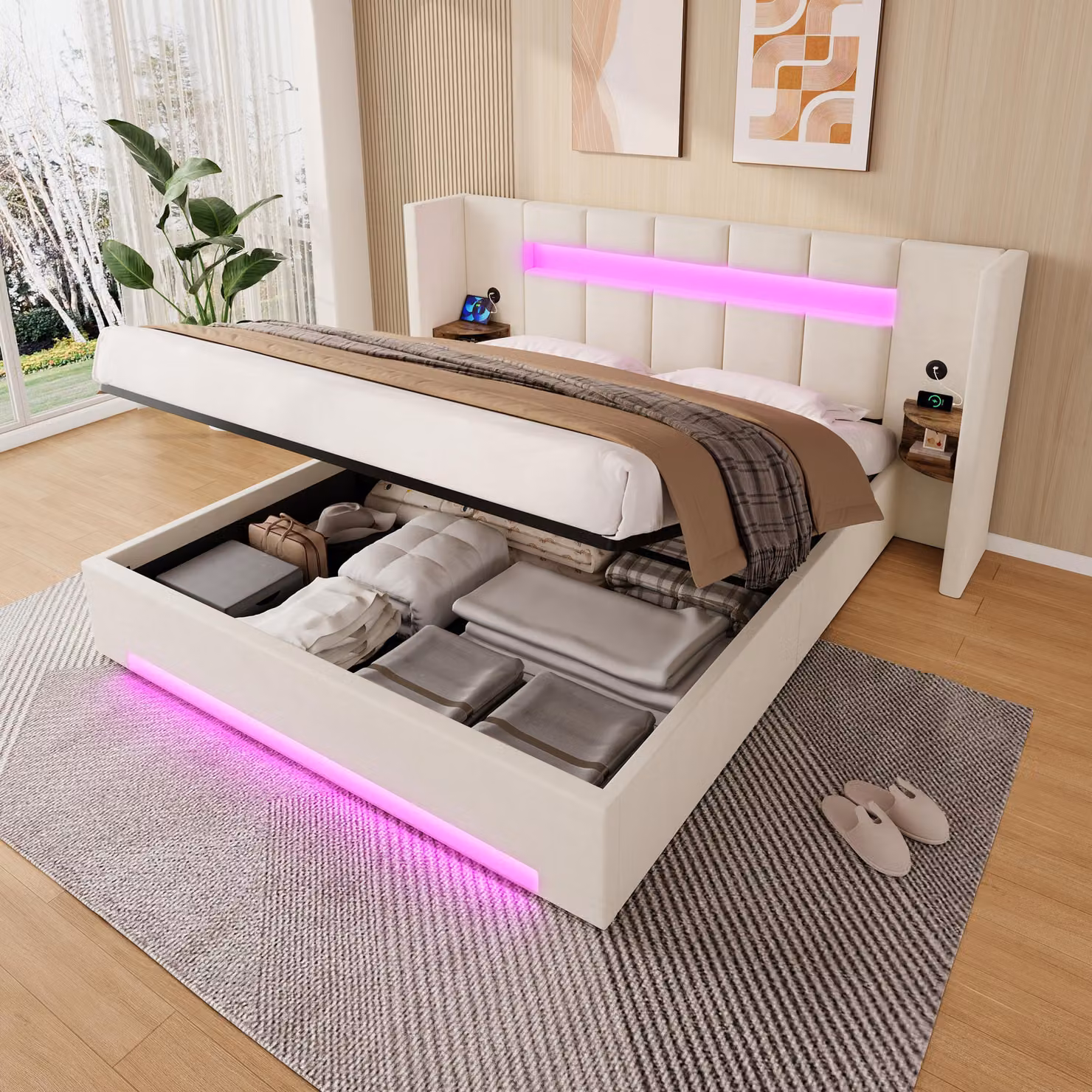LVHOM Letto imbottito 160x200 con comodini, struttura letto con USB e LED, vano portaoggetti e sistema idraulico, letto matrimoniale in velluto, letto funzionale, beige