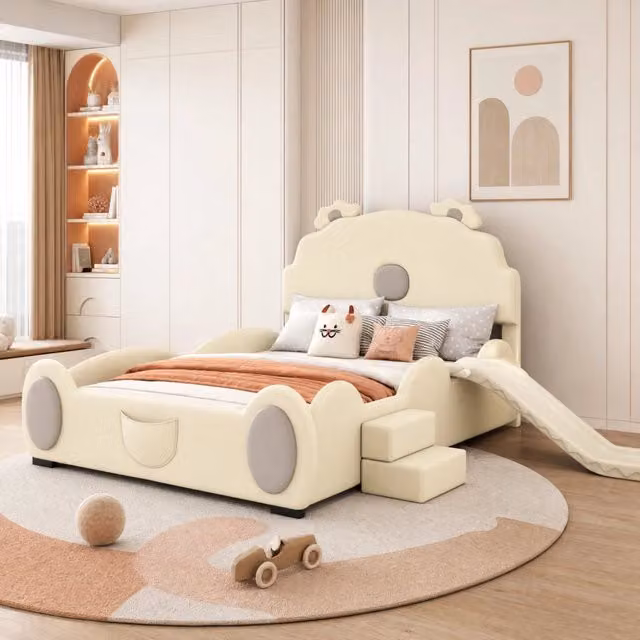 Letto per bambini 140 × 200 cm con scivolo e scala in PU beige a forma di orso con rete a doghe