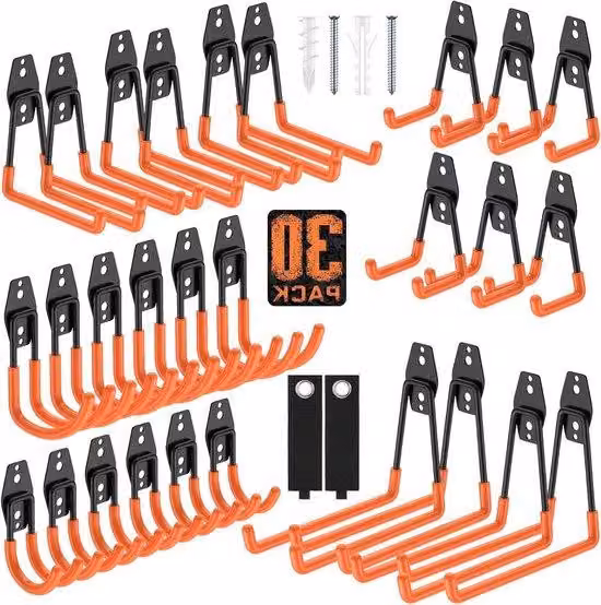 Ganci da officina - Montaggio a parete - Supporto per attrezzi - Acciaio con rivestimento in PVC - 30 pezzi - Arancione
