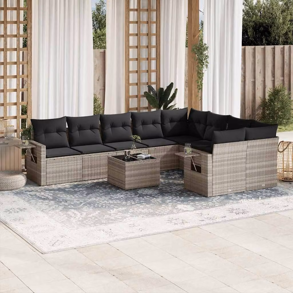 vidaXL Set Divano da Giardino a L 10 Pezzi in Polyrattan Grigio Antracite con Cuscini e Tavolino – 1