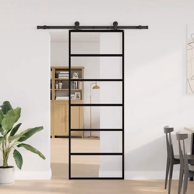 Porta Scorrevole Moderna vidaXL in Vetro Trasparente e Alluminio Nero L: 76 cm, H: 205 cm