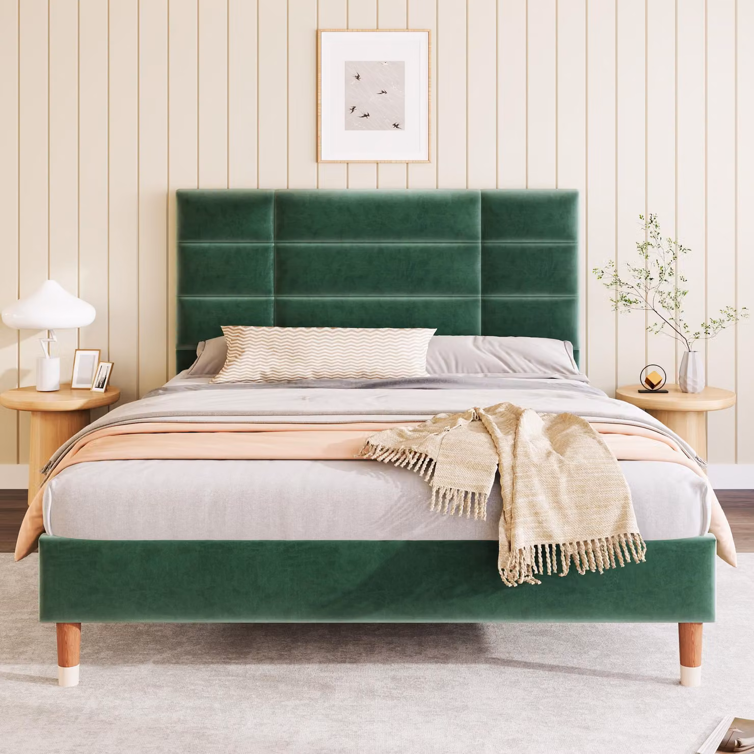 Letto imbottito 140x200 cm con rete a listelli, rivestito in velluto, con testiera imbottita di 8 cm, altezza da terra di 17 cm e struttura in acciaio, colore verde