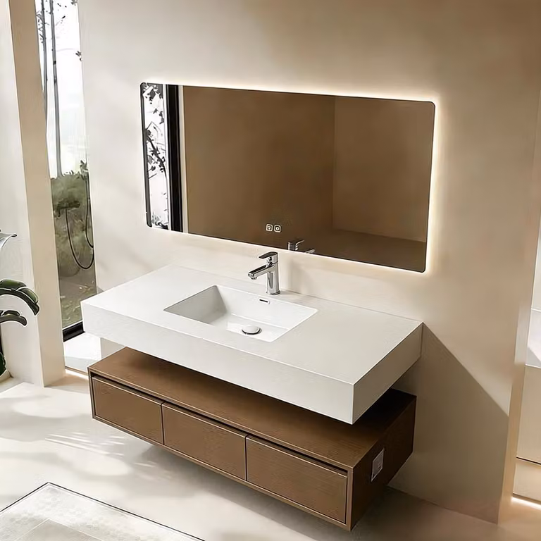 Lavabo integrato in Vetroceramica sinterizzata, lavabo da appoggio con foro per rubinetto, mobile da bagno con cassetto e specchio con illuminazione a LED 120×55 cm 【YBTC383-120】