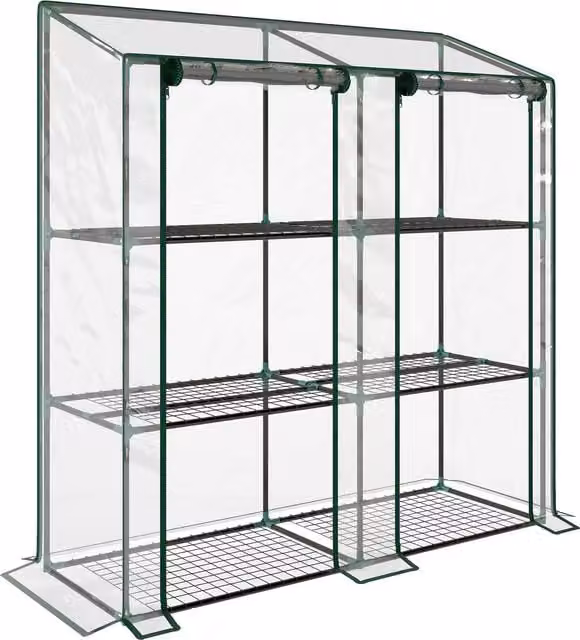 Serra da giardino Outsunny trasparente con copertura in PE, 6 mensole e 2 porte avvolgibili, L 143 cm x P 46 cm x H 151 cm