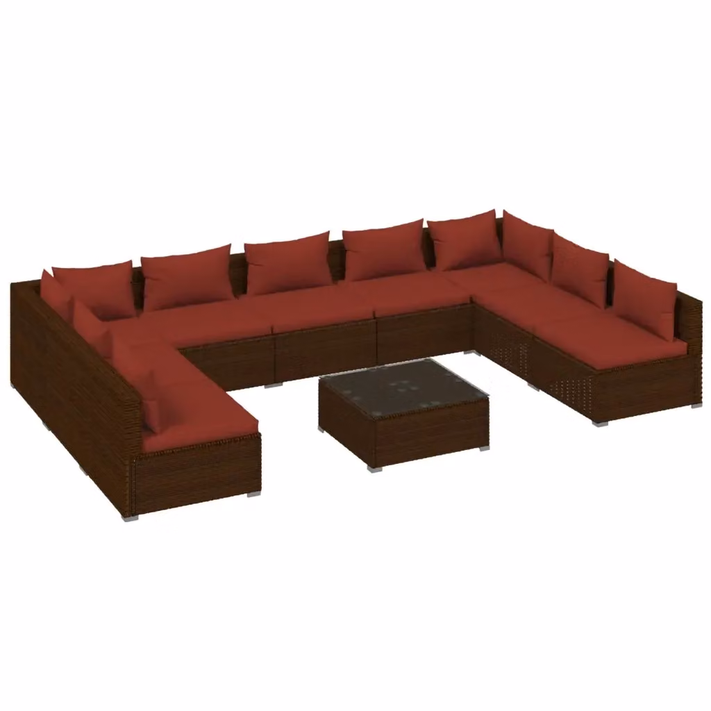 Set di Divani da Giardino vidaXL a Forma di U con Tavolino e Cuscini Marroni e Rossi in Polyrattan e Metallo – 2