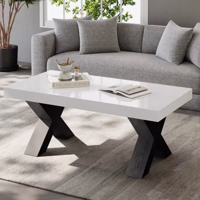 Tavolino da salotto ULEVR 100x50x40 cm con piano lucido e gambe a X, MDF bianco e nero