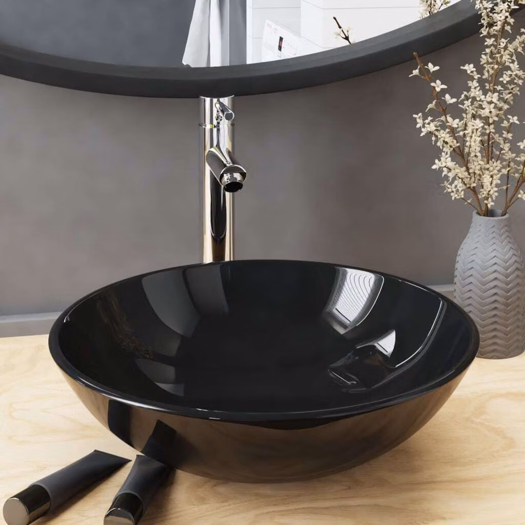 The Living Store Lavandino da bagno con rubinetto e scarico in vetro temperato nero