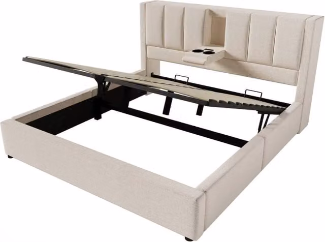 Letto imbottito 140x200 cm con porta bicchieri nascosto e stazione di ricarica, letto idraulico con contenitore sottostante, senza materasso, beige