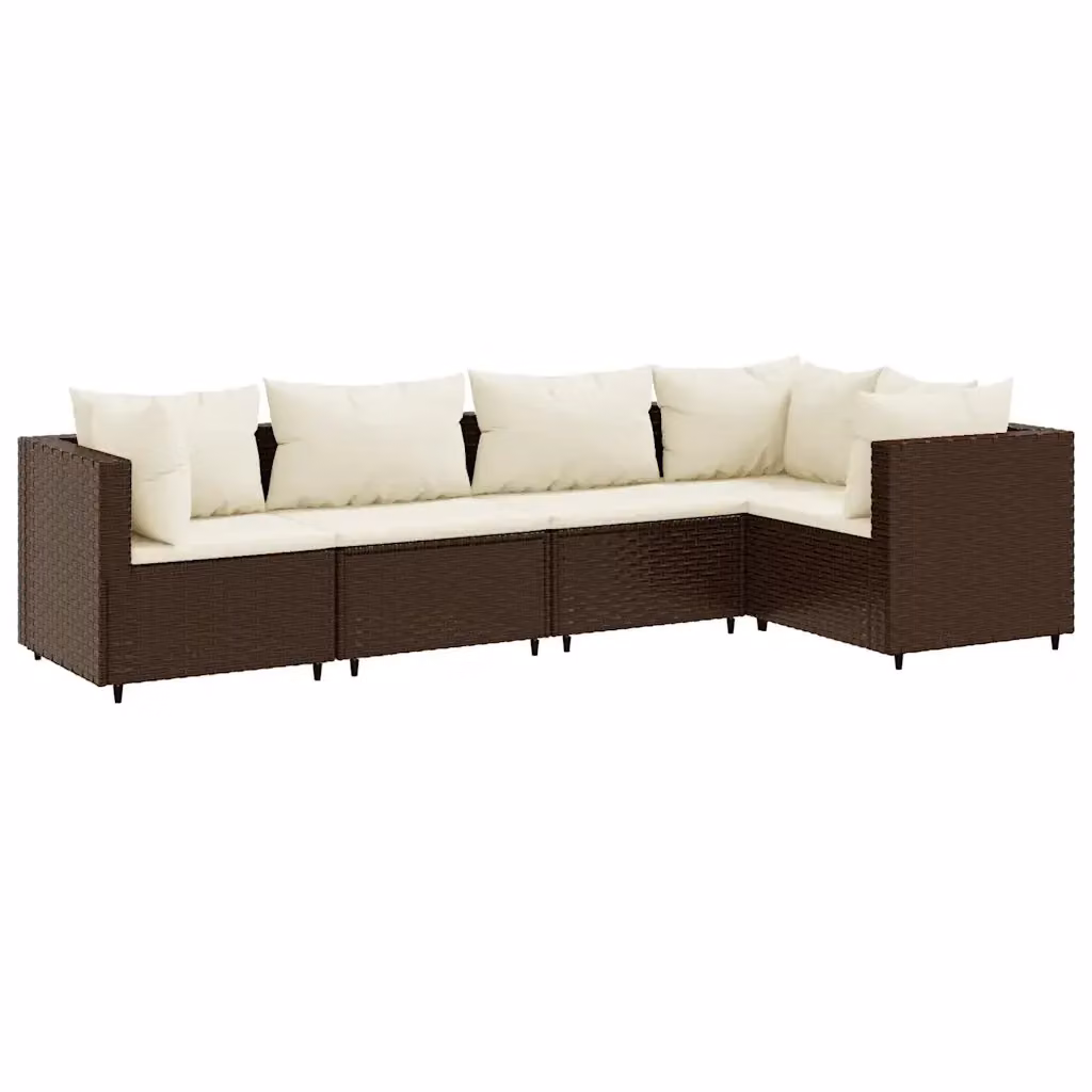 vidaXL Set Divani da Giardino a L 5 Pezzi con Cuscini Marrone e Bianco in Polyrattan e Metallo – 2
