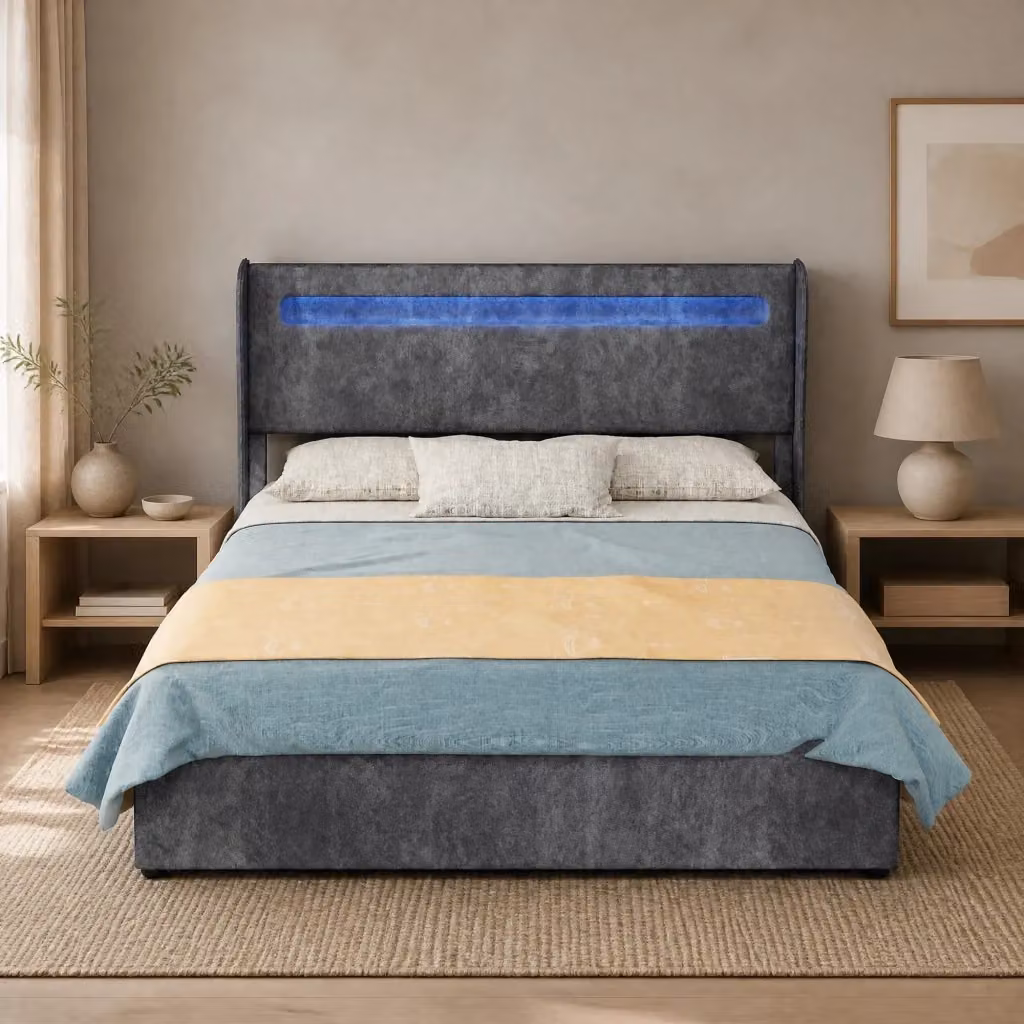 Letto imbottito Mivray in tessuto e metallo grigio con illuminazione LED sottostante L/P: 140 x 200 cm – 2