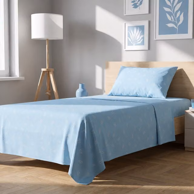 Completo letto 1 piazza e mezza foglie azzurro
