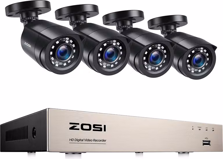Sistema di telecamere di sicurezza ZOSI, risoluzione 1080P, visione notturna fino a 80 piedi, 8CH DVR x 4 telecamere, Nessuno