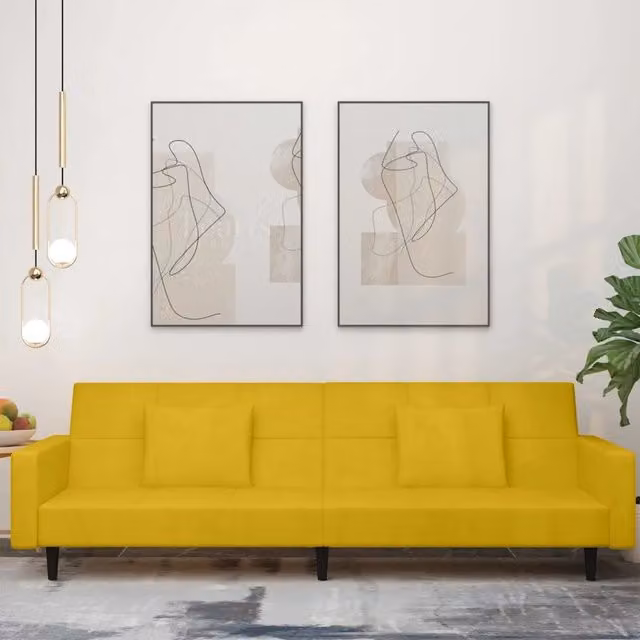 Divano Letto Click-Clack a 2 Posti vidaXL in Velluto Giallo con Cuscini e Struttura in Legno Massello