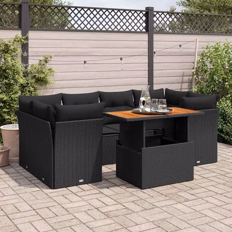 Set Divano da Giardino a L con Polyrattan e Cuscini vidaXL, Nero