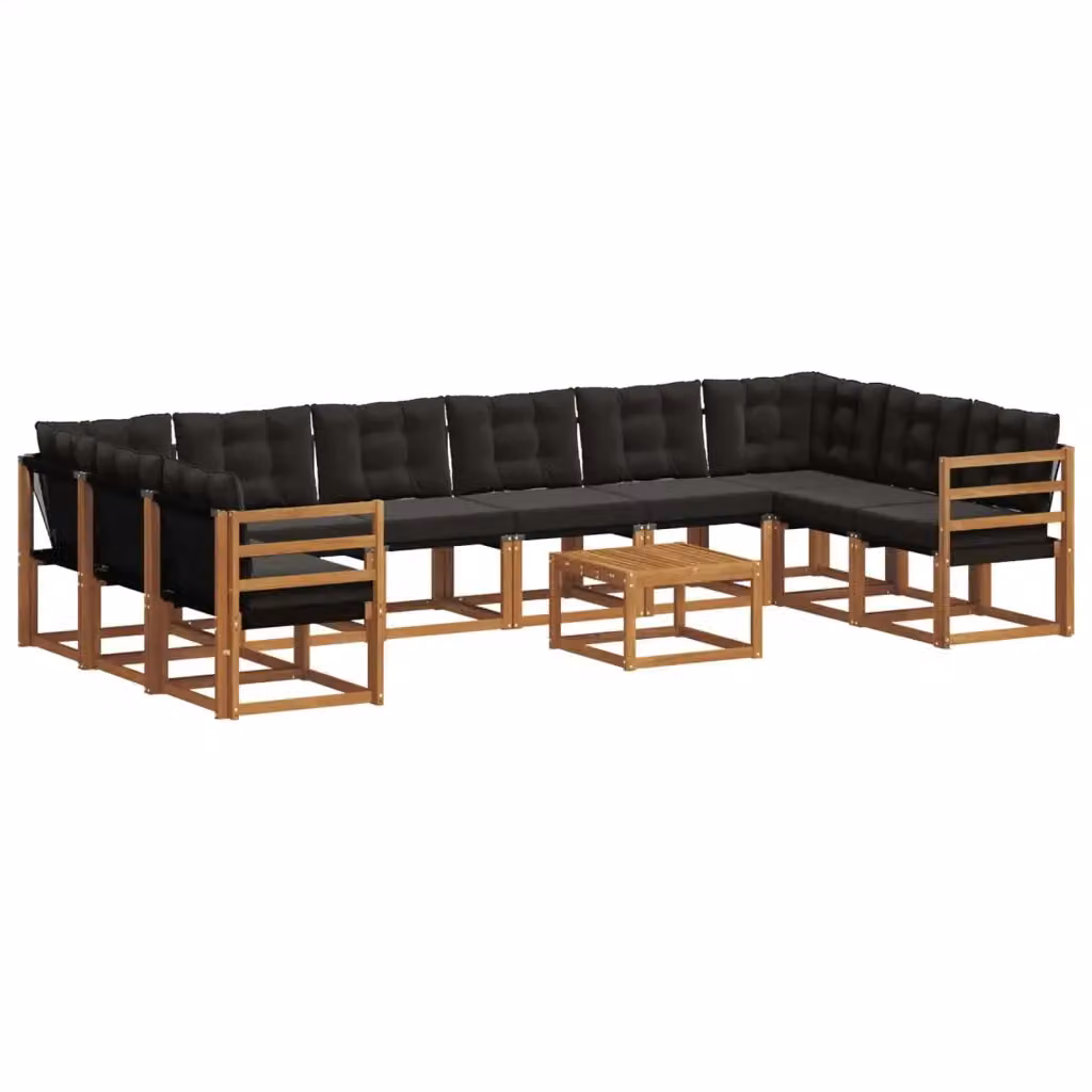 Set di divani da esterno vidaXL a forma di L composto da 11 pezzi in legno di acacia e textilene, colore marrone e nero, con cuscini inclusi e tavolino da caffè – 2